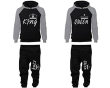 Load image into Gallery viewer, King and Queen matching top and bottom set, Grey Black raglan hoodie and sweatpants sets for mens, raglan hoodie and jogger set womens. Matching couple joggers.