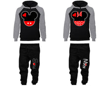 將圖片載入圖庫檢視器 Mickey Minnie matching top and bottom set, Grey Black raglan hoodie and sweatpants sets for mens, raglan hoodie and jogger set womens. Matching couple joggers.