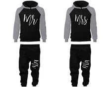 Load image into Gallery viewer, Mr and Mrs matching top and bottom set, Grey Black raglan hoodie and sweatpants sets for mens, raglan hoodie and jogger set womens. Matching couple joggers.