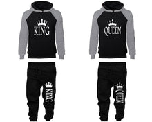 Load image into Gallery viewer, King and Queen matching top and bottom set, Grey Black raglan hoodie and sweatpants sets for mens, raglan hoodie and jogger set womens. Matching couple joggers.
