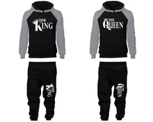 Load image into Gallery viewer, Her King and His Queen matching top and bottom set, Grey Black raglan hoodie and sweatpants sets for mens, raglan hoodie and jogger set womens. Matching couple joggers.