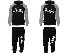 Load image into Gallery viewer, Hubby and Wifey matching top and bottom set, Grey Black raglan hoodie and sweatpants sets for mens, raglan hoodie and jogger set womens. Matching couple joggers.