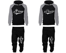 Load image into Gallery viewer, Her King His Queen matching top and bottom set, Grey Black raglan hoodie and sweatpants sets for mens, raglan hoodie and jogger set womens. Matching couple joggers.