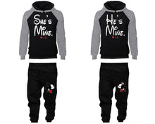Load image into Gallery viewer, She's Mine He's Mine matching top and bottom set, Grey Black raglan hoodie and sweatpants sets for mens, raglan hoodie and jogger set womens. Matching couple joggers.