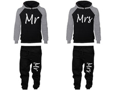 Load image into Gallery viewer, Mr and Mrs matching top and bottom set, Grey Black raglan hoodie and sweatpants sets for mens, raglan hoodie and jogger set womens. Matching couple joggers.