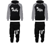 Load image into Gallery viewer, Hubby and Wifey matching top and bottom set, Grey Black raglan hoodie and sweatpants sets for mens, raglan hoodie and jogger set womens. Matching couple joggers.