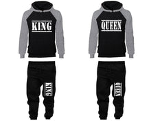 Load image into Gallery viewer, King and Queen matching top and bottom set, Grey Black raglan hoodie and sweatpants sets for mens, raglan hoodie and jogger set womens. Matching couple joggers.
