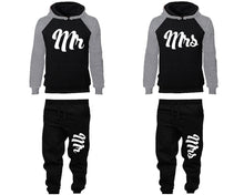Load image into Gallery viewer, Mr and Mrs matching top and bottom set, Grey Black raglan hoodie and sweatpants sets for mens, raglan hoodie and jogger set womens. Matching couple joggers.