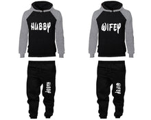 Load image into Gallery viewer, Hubby and Wifey matching top and bottom set, Grey Black raglan hoodie and sweatpants sets for mens, raglan hoodie and jogger set womens. Matching couple joggers.