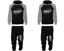 Load image into Gallery viewer, Hubby and Wifey matching top and bottom set, Grey Black raglan hoodie and sweatpants sets for mens, raglan hoodie and jogger set womens. Matching couple joggers.
