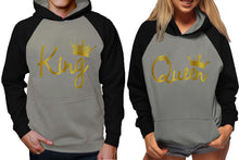 Load image into Gallery viewer, King and Queen raglan hoodies, Matching couple hoodies, Gold Foil King Queen design on man and woman hoodies