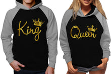 Load image into Gallery viewer, King and Queen raglan hoodies, Matching couple hoodies, Gold Foil King Queen design on man and woman hoodies