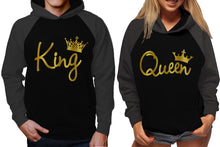 Load image into Gallery viewer, King and Queen raglan hoodies, Matching couple hoodies, Gold Foil King Queen design on man and woman hoodies