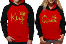 Load image into Gallery viewer, King and Queen raglan hoodies, Matching couple hoodies, Gold Foil King Queen design on man and woman hoodies