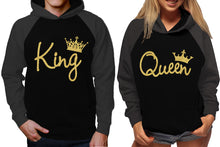 Load image into Gallery viewer, King and Queen raglan hoodies, Matching couple hoodies, Gold Glitter King Queen design on man and woman hoodies