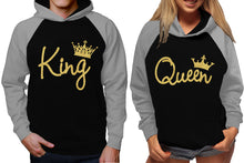 Load image into Gallery viewer, King and Queen raglan hoodies, Matching couple hoodies, Gold Glitter King Queen design on man and woman hoodies