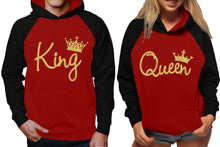 Load image into Gallery viewer, King and Queen raglan hoodies, Matching couple hoodies, Gold Glitter King Queen design on man and woman hoodies