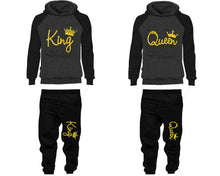Load image into Gallery viewer, King and Queen matching top and bottom set, Gold Glitter design hoodie and sweatpants sets for mens hoodie and jogger set womens. Matching couple joggers.