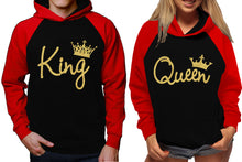 Load image into Gallery viewer, King and Queen raglan hoodies, Matching couple hoodies, Gold Glitter King Queen design on man and woman hoodies