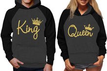 Load image into Gallery viewer, King and Queen raglan hoodies, Matching couple hoodies, Gold Glitter King Queen design on man and woman hoodies