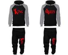 Load image into Gallery viewer, King and Queen matching top and bottom set, Grey Black raglan hoodie and sweatpants sets for mens, raglan hoodie and jogger set womens. Matching couple joggers.