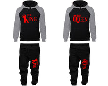 Load image into Gallery viewer, Her King and His Queen matching top and bottom set, Grey Black raglan hoodie and sweatpants sets for mens, raglan hoodie and jogger set womens. Matching couple joggers.