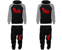 Load image into Gallery viewer, Hubby and Wifey matching top and bottom set, Grey Black raglan hoodie and sweatpants sets for mens, raglan hoodie and jogger set womens. Matching couple joggers.