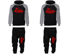 Load image into Gallery viewer, Her King and His Queen matching top and bottom set, Grey Black raglan hoodie and sweatpants sets for mens, raglan hoodie and jogger set womens. Matching couple joggers.