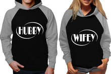 Load image into Gallery viewer, Hubby and Wifey raglan hoodies, Matching couple hoodies, Grey Black his and hers man and woman contrast raglan hoodies