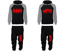 Load image into Gallery viewer, Hubby and Wifey matching top and bottom set, Grey Black raglan hoodie and sweatpants sets for mens, raglan hoodie and jogger set womens. Matching couple joggers.