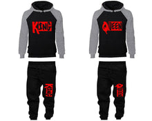 Load image into Gallery viewer, King and Queen matching top and bottom set, Grey Black raglan hoodie and sweatpants sets for mens, raglan hoodie and jogger set womens. Matching couple joggers.