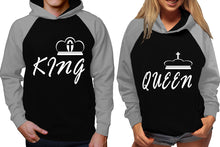 將圖片載入圖庫檢視器 King and Queen raglan hoodies, Matching couple hoodies, Grey Black his and hers man and woman contrast raglan hoodies