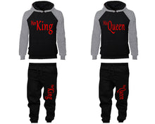 Load image into Gallery viewer, Her King and His Queen matching top and bottom set, Grey Black raglan hoodie and sweatpants sets for mens, raglan hoodie and jogger set womens. Matching couple joggers.