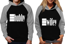 Load image into Gallery viewer, Hubby and Wifey raglan hoodies, Matching couple hoodies, Grey Black his and hers man and woman contrast raglan hoodies