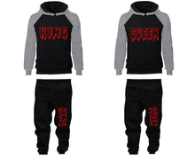 Load image into Gallery viewer, King and Queen matching top and bottom set, Grey Black raglan hoodie and sweatpants sets for mens, raglan hoodie and jogger set womens. Matching couple joggers.