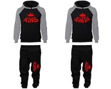 Load image into Gallery viewer, King and Queen matching top and bottom set, Grey Black raglan hoodie and sweatpants sets for mens, raglan hoodie and jogger set womens. Matching couple joggers.