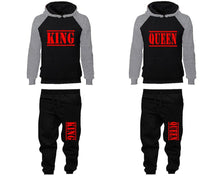 Load image into Gallery viewer, King and Queen matching top and bottom set, Grey Black raglan hoodie and sweatpants sets for mens, raglan hoodie and jogger set womens. Matching couple joggers.