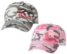 Load image into Gallery viewer, Prince and Princess matching caps for couples, Grey Camo Man Pink Camo Woman baseball caps.Red Glitter color Vinyl Design
