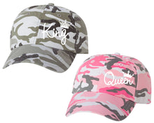 將圖片載入圖庫檢視器 King and Queen matching caps for couples, Grey Camo Man Pink Camo Woman baseball caps.White color Vinyl Design