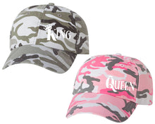 Load image into Gallery viewer, King and Queen matching caps for couples, Pink Camo Woman (Grey Camo Man) baseball caps.