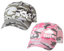 Load image into Gallery viewer, King and Queen matching caps for couples, Pink Camo Woman (Grey Camo Man) baseball caps.