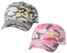 Load image into Gallery viewer, King and Queen matching caps for couples, Grey Camo Man Pink Camo Woman baseball caps.Gold Glitter color Vinyl Design