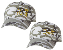 Load image into Gallery viewer, King and Queen matching caps for couples, Grey Camo baseball caps.Gold Foil color Vinyl Design