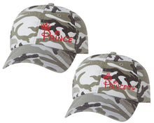 Load image into Gallery viewer, Prince and Princess matching caps for couples, Grey Camo baseball caps.Red Glitter color Vinyl Design