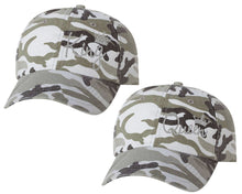 Load image into Gallery viewer, King and Queen matching caps for couples, Grey Camo baseball caps.Silver Glitter color Vinyl Design