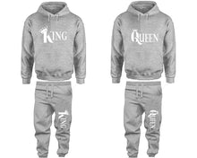 將圖片載入圖庫檢視器 King and Queen matching top and bottom set, Sports Grey pullover hoodie and sweatpants sets for mens, pullover hoodie and jogger set womens. Matching couple joggers.