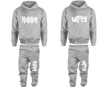 Load image into Gallery viewer, Hubby and Wifey matching top and bottom set, Sports Grey pullover hoodie and sweatpants sets for mens, pullover hoodie and jogger set womens. Matching couple joggers.