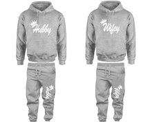 Load image into Gallery viewer, Hubby and Wifey matching top and bottom set, Sports Grey pullover hoodie and sweatpants sets for mens, pullover hoodie and jogger set womens. Matching couple joggers.