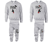 Load image into Gallery viewer, Mr Mrs top and bottom sets. Grey sweatshirt and sweatpants set for men, sweater and jogger pants for women.