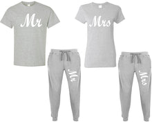 Load image into Gallery viewer, Mr and Mrs shirts and jogger pants, matching top and bottom set, Sports Grey t shirts, men joggers, shirt and jogger pants women. Matching couple joggers